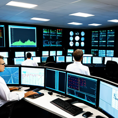Network Operations Center (NOC)**

"A busy Network Operations Center (NOC) with multiple monitors displaying network traffic graphs and charts, technicians in professional attire monitoring the screens, focus on data visualization and network security, safe for work, appropriate content, fully clothed, professional, modern setting, perfect anatomy, natural proportions, high quality."

**