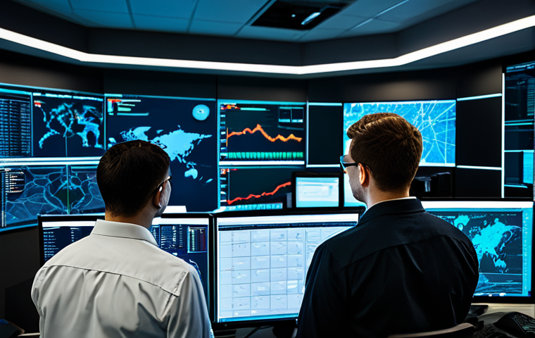 네트워크 보안 모니터링 도구의 재무적 이점 - "A team of cybersecurity professionals in a modern Security Operations Center (SOC), analyzing netwo...