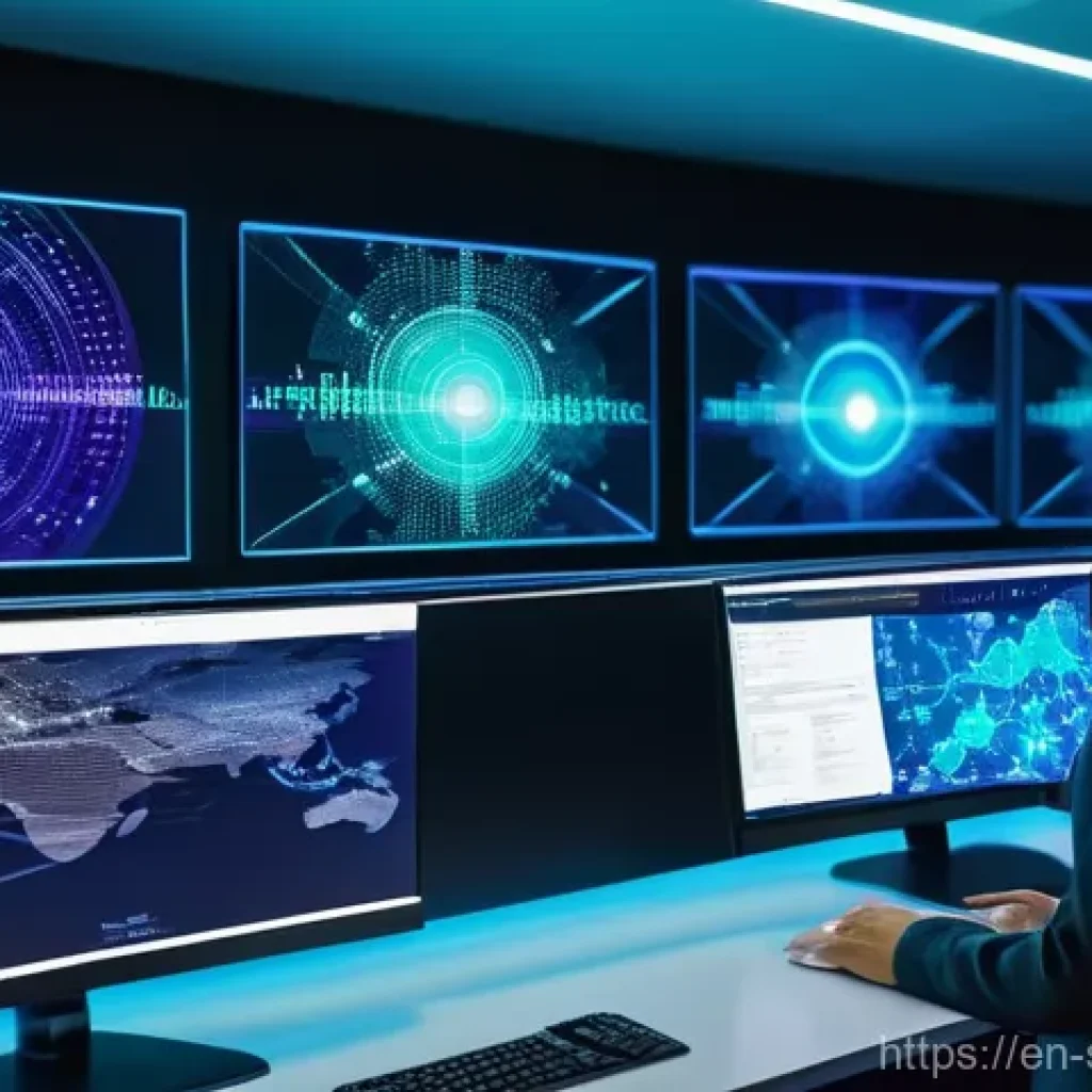 자동화된 네트워크 보안 모니터링 도구의 이점 - **Prompt:** A futuristic, clean cybersecurity operations center (SOC) at night. A diverse team of 3-...