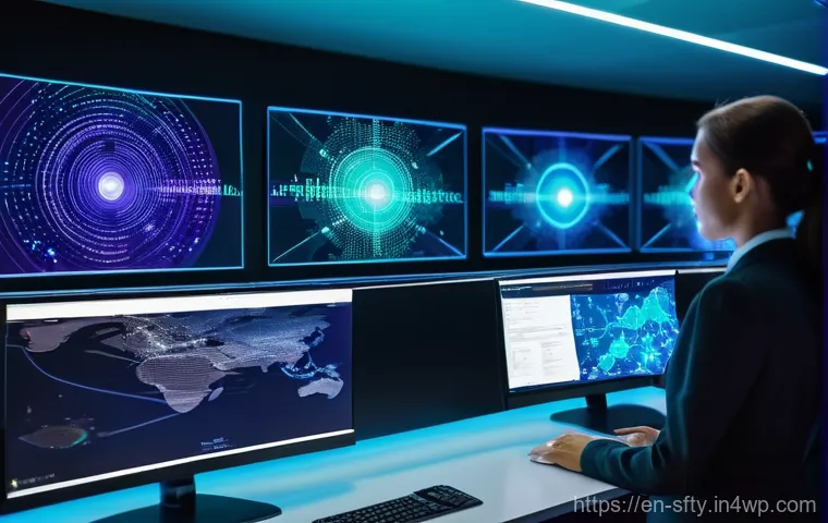자동화된 네트워크 보안 모니터링 도구의 이점 - **Prompt:** A futuristic, clean cybersecurity operations center (SOC) at night. A diverse team of 3-...