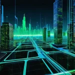 네트워크 보안 모니터링 도구의 기술적 한계 - **Prompt:** A highly detailed, futuristic digital cityscape at night, rendered in neon blues and gre...