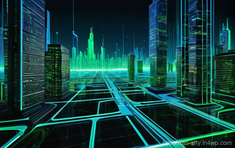 네트워크 보안 모니터링 도구의 기술적 한계 - **Prompt:** A highly detailed, futuristic digital cityscape at night, rendered in neon blues and gre...