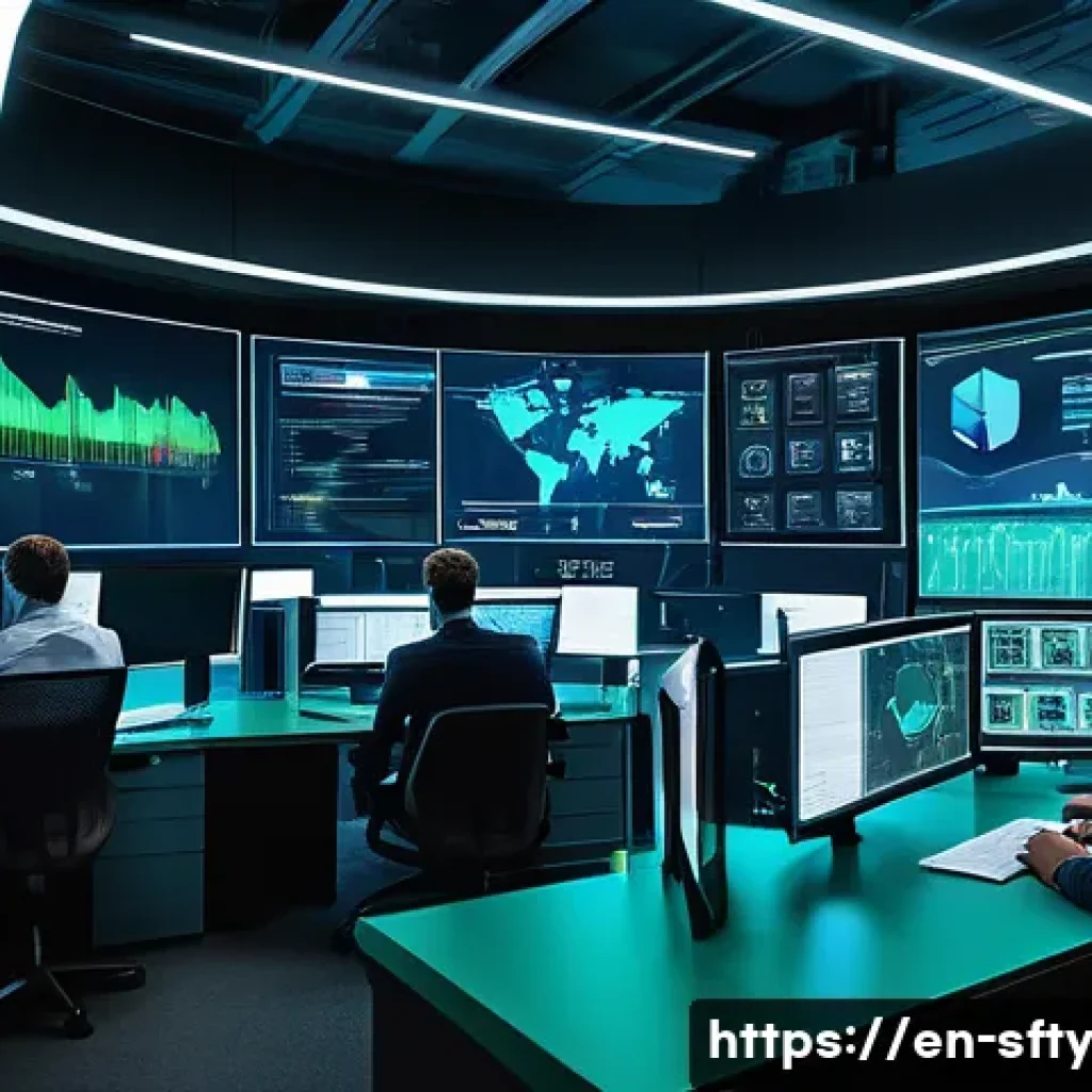 실시간 네트워크 보안 모니터링의 이점 - A high-tech cybersecurity operations center with a diverse team of professionals monitoring multiple...