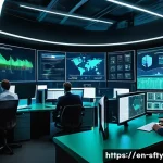 실시간 네트워크 보안 모니터링의 이점 - A high-tech cybersecurity operations center with a diverse team of professionals monitoring multiple...