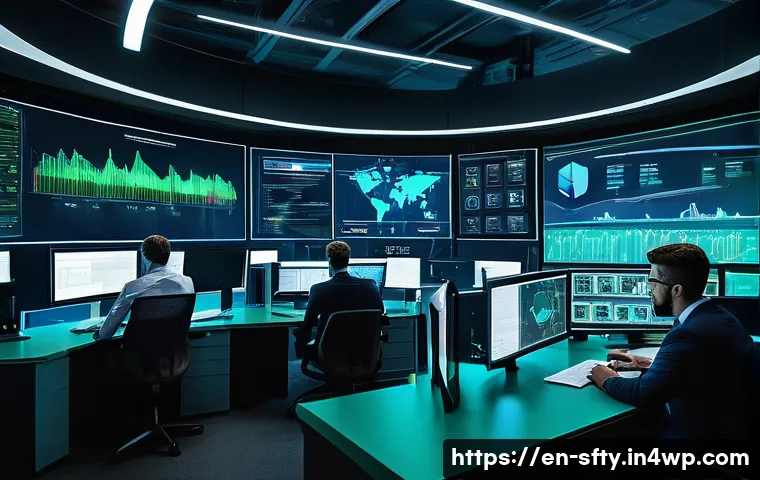 실시간 네트워크 보안 모니터링의 이점 - A high-tech cybersecurity operations center with a diverse team of professionals monitoring multiple...