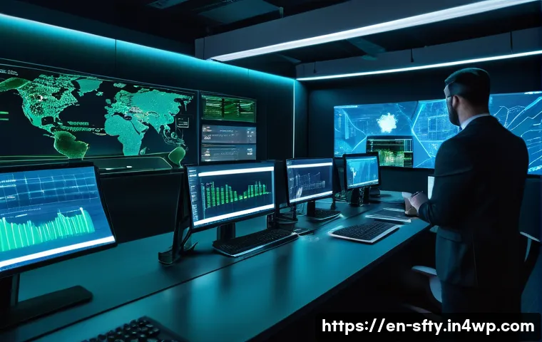 실시간 데이터 분석을 통한 보안 강화 - A futuristic cybersecurity operations center with diverse analysts monitoring multiple large transpa...