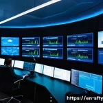 개인정보 보호를 위한 네트워크 모니터링 방법 - A high-tech cybersecurity control room with multiple large monitors displaying real-time network tra...