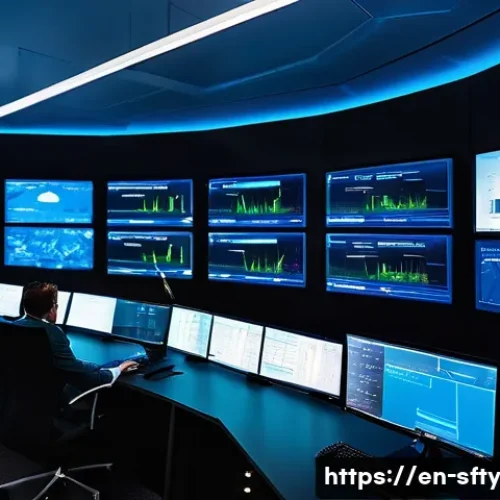 개인정보 보호를 위한 네트워크 모니터링 방법 - A high-tech cybersecurity control room with multiple large monitors displaying real-time network tra...