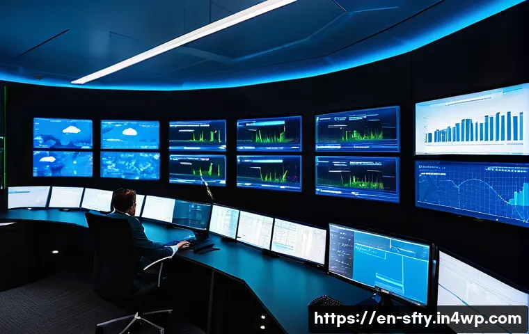 개인정보 보호를 위한 네트워크 모니터링 방법 - A high-tech cybersecurity control room with multiple large monitors displaying real-time network tra...