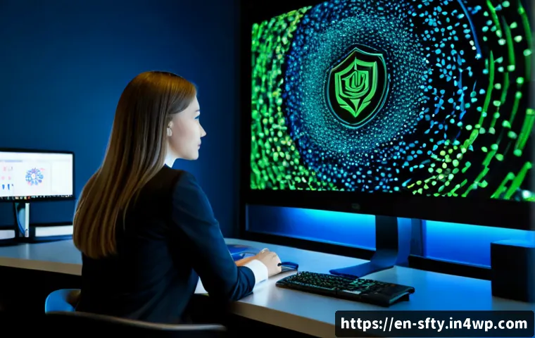 네트워크 보안 모니터링 도구의 장단점 - Photorealistic cybersecurity operations center, diverse IT analyst seated at a clean desk viewing a ...