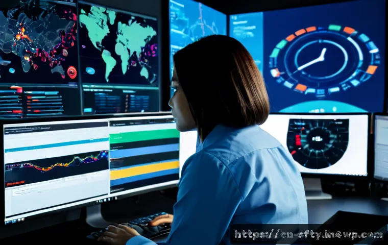 네트워크 보안 모니터링 도구의 전략적 접근 - Photorealistic cybersecurity operations center, diverse IT security analyst calmly reviewing a large...